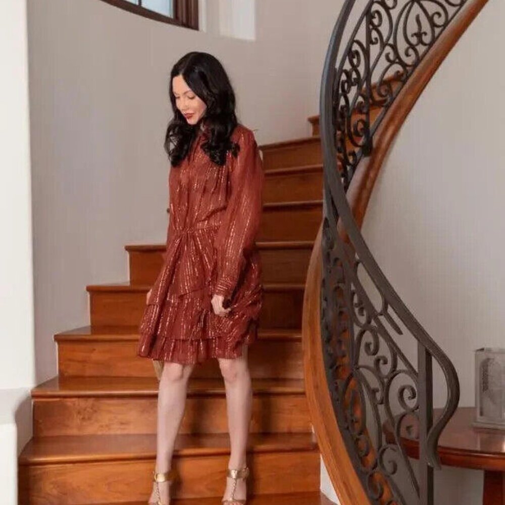 Ulla Johnson Della Metallic Striped Mini Dress Tiered Brown Resort S NEW 202577 - Picture 2 of 7